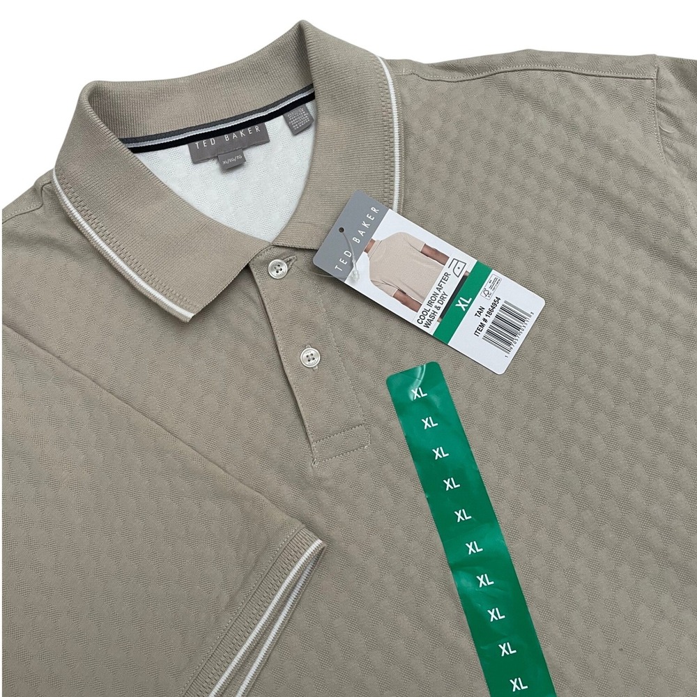 Ted Baker Polo Shirt Mens XL Tan NEW Textured Geometric Short Sleeve 1864954
